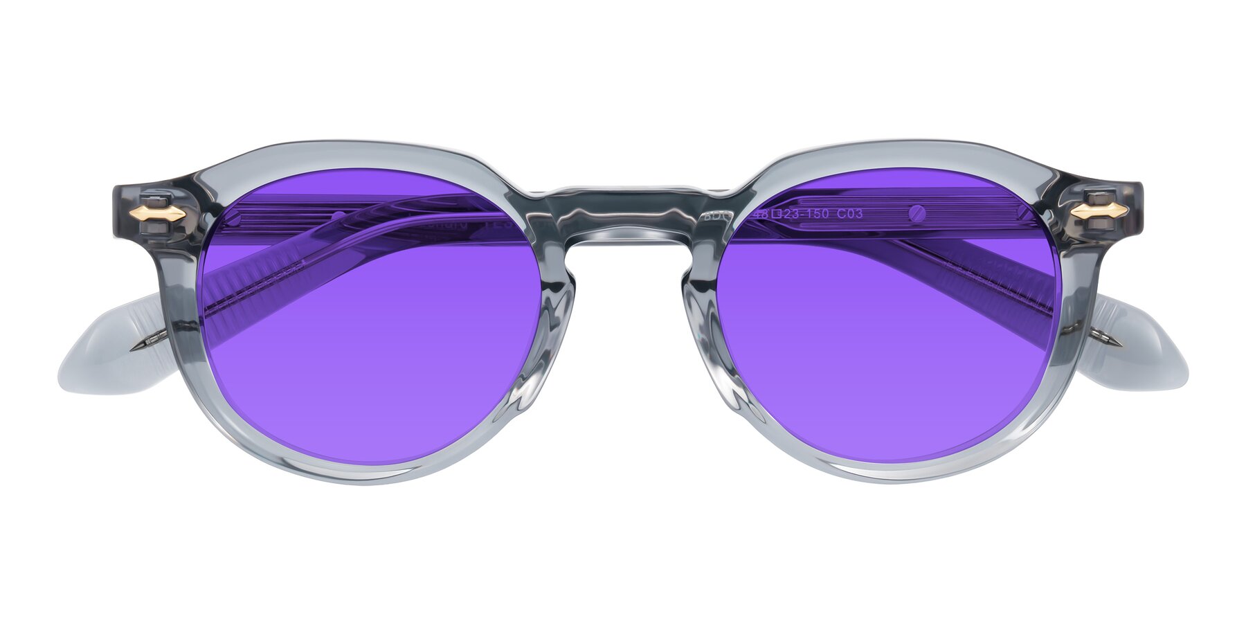 Folded Front of Lachard in Crystal Dusty Blue with Purple Tinted Lenses