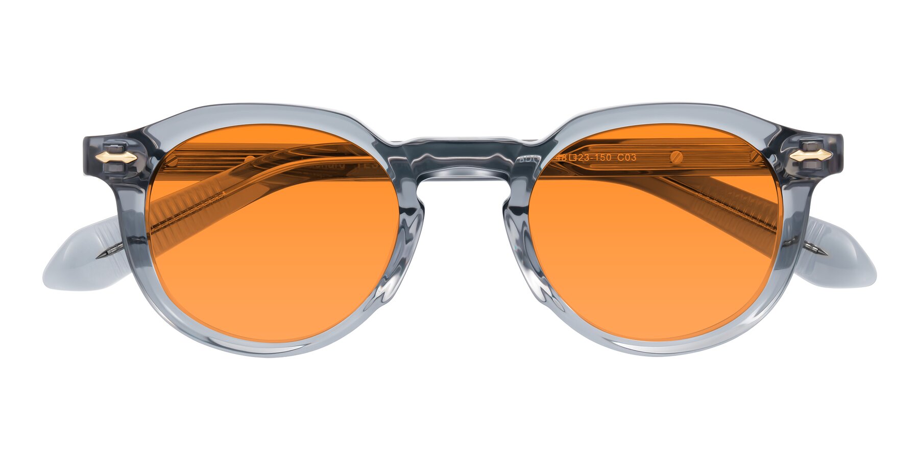 Folded Front of Lachard in Crystal Dusty Blue with Orange Tinted Lenses