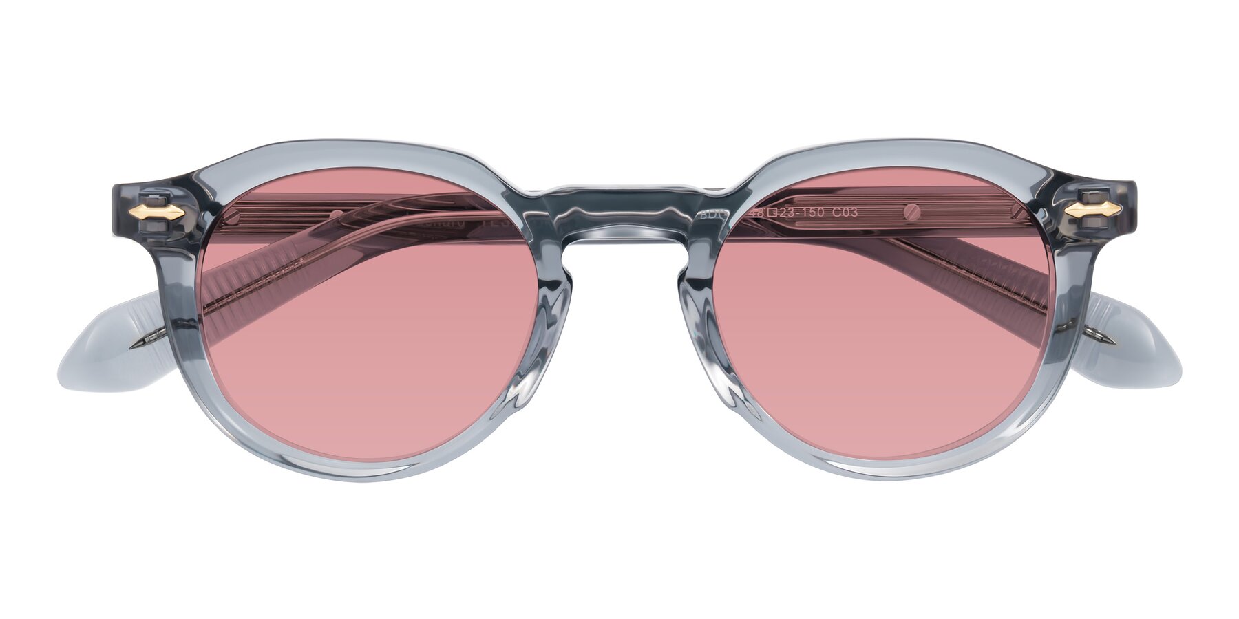 Folded Front of Lachard in Crystal Dusty Blue with Medium Garnet Tinted Lenses