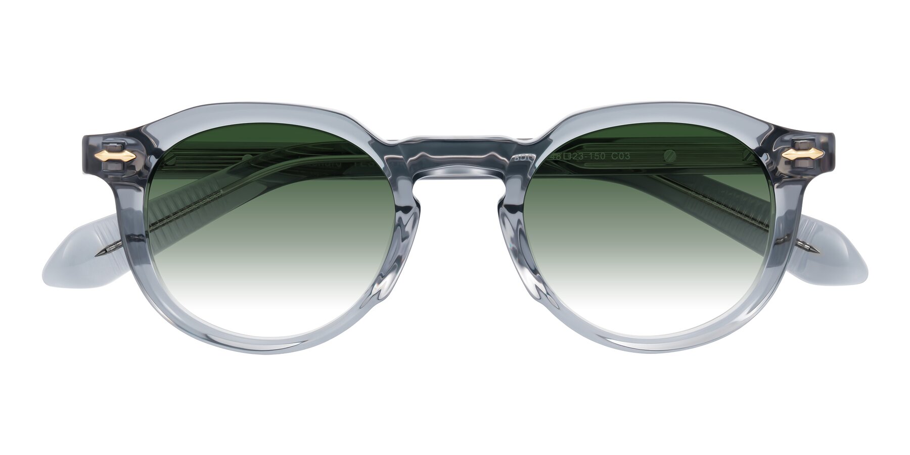 Folded Front of Lachard in Crystal Dusty Blue with Green Gradient Lenses