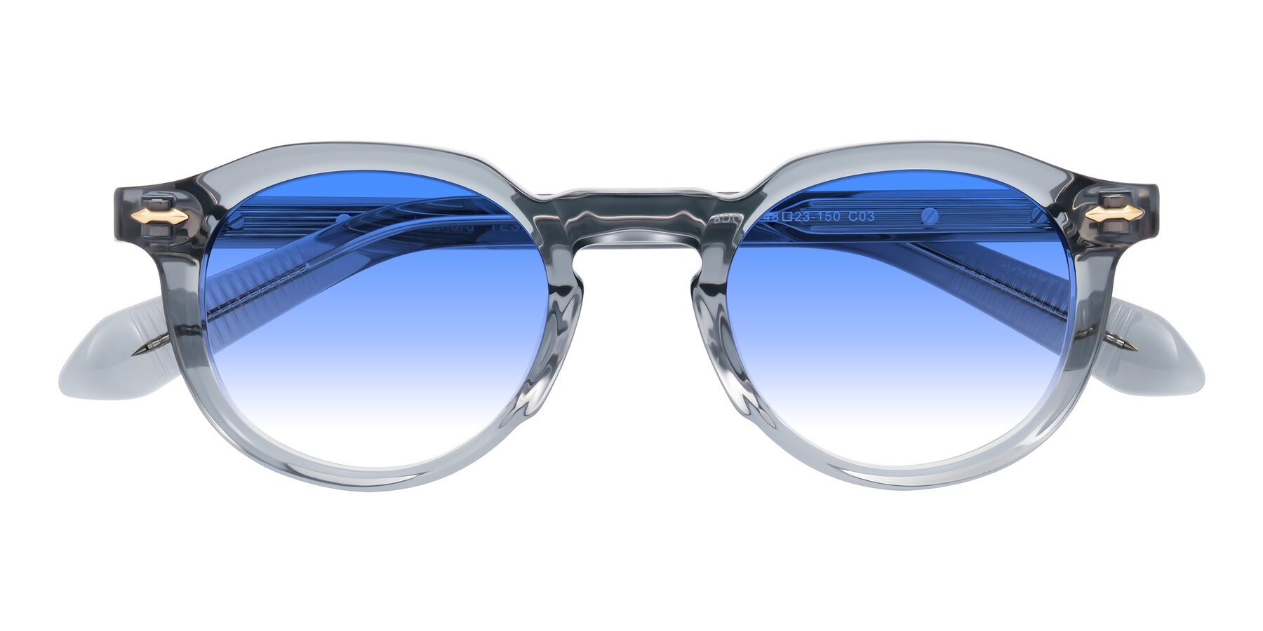 Folded Front of Lachard in Crystal Dusty Blue with Blue Gradient Lenses