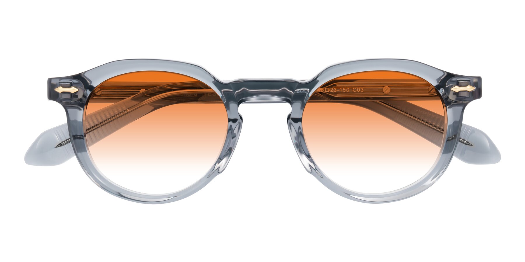 Folded Front of Lachard in Crystal Dusty Blue with Orange Gradient Lenses
