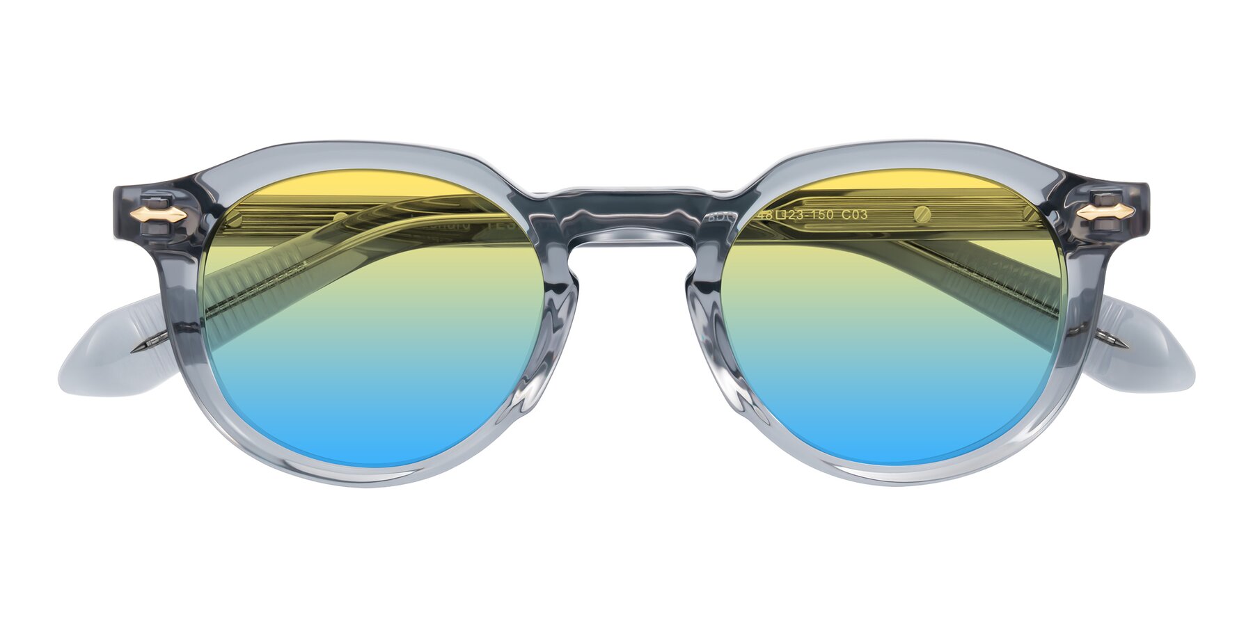Folded Front of Lachard in Crystal Dusty Blue with Yellow / Blue Gradient Lenses