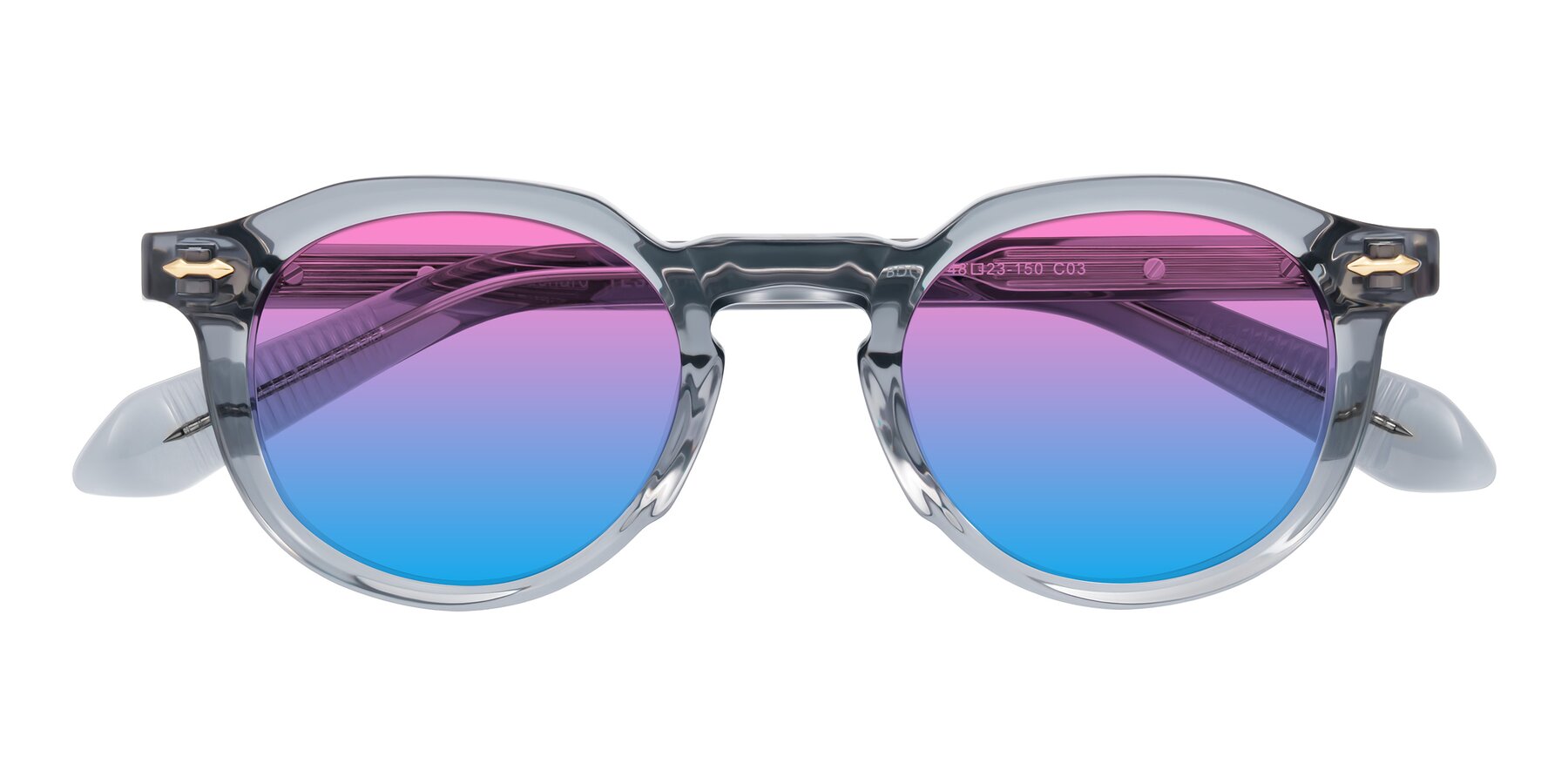 Folded Front of Lachard in Crystal Dusty Blue with Pink / Blue Gradient Lenses