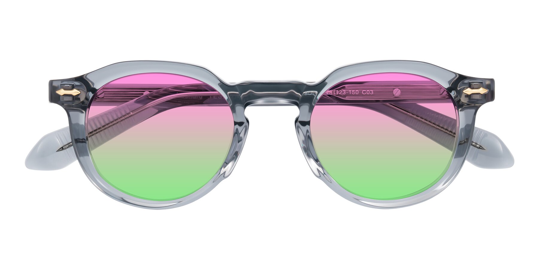Folded Front of Lachard in Crystal Dusty Blue with Pink / Green Gradient Lenses