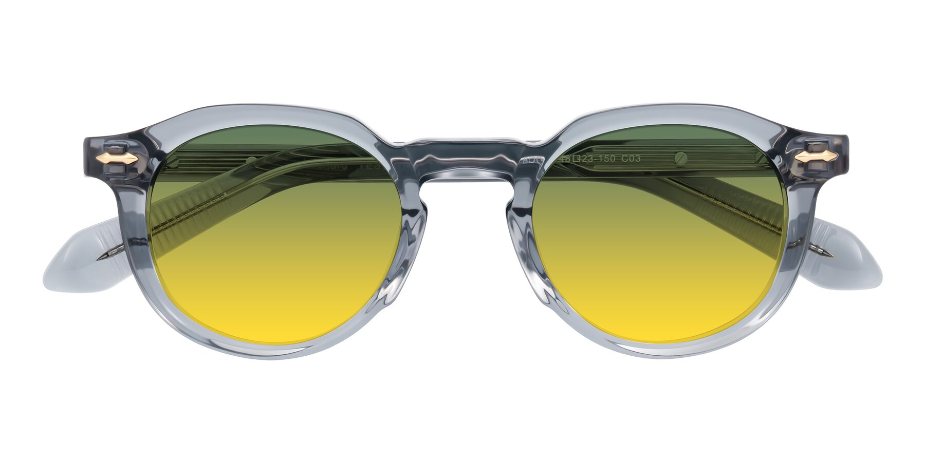 Folded Front of Lachard in Crystal Dusty Blue with Green / Yellow Gradient Lenses