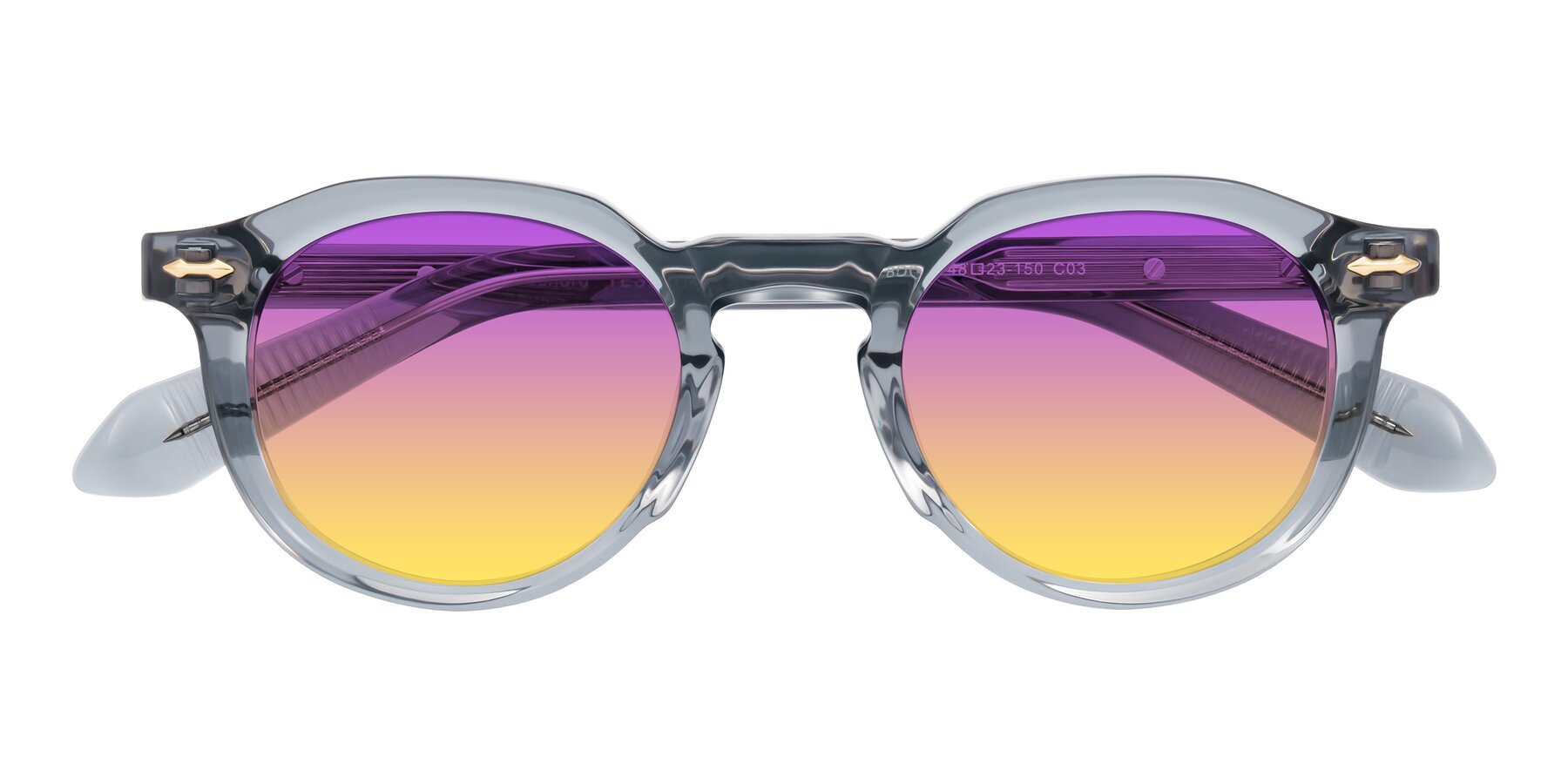Folded Front of Lachard in Crystal Dusty Blue with Purple / Yellow Gradient Lenses
