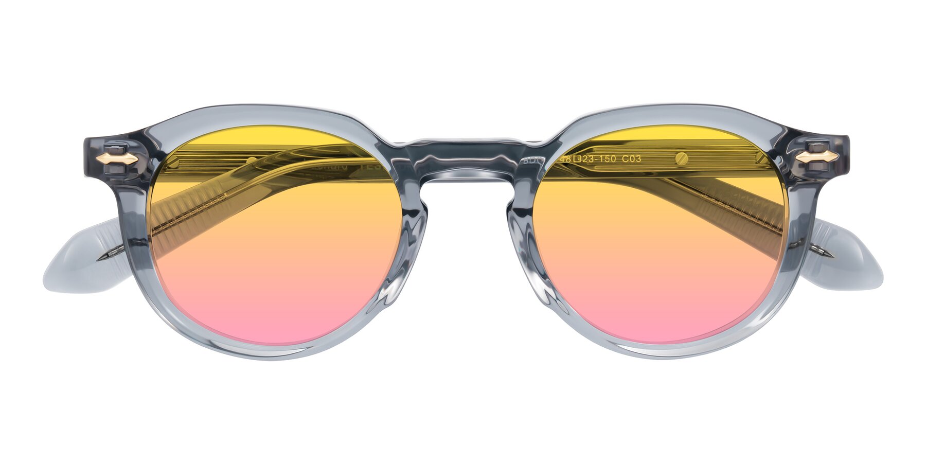 Folded Front of Lachard in Crystal Dusty Blue with Yellow / Pink Gradient Lenses