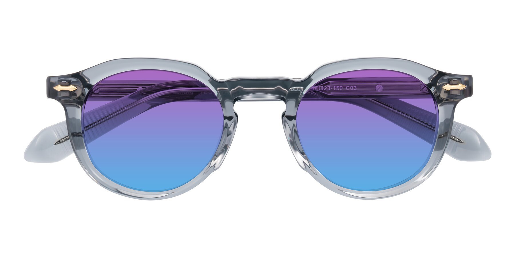 Folded Front of Lachard in Crystal Dusty Blue with Purple / Blue Gradient Lenses