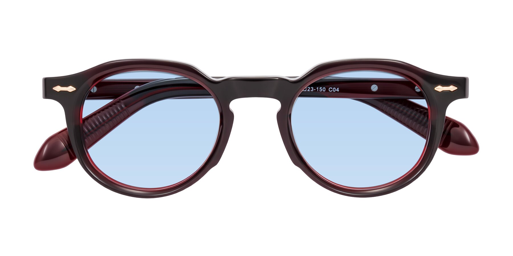 Folded Front of Lachard in Dark Cherry with Light Blue Tinted Lenses