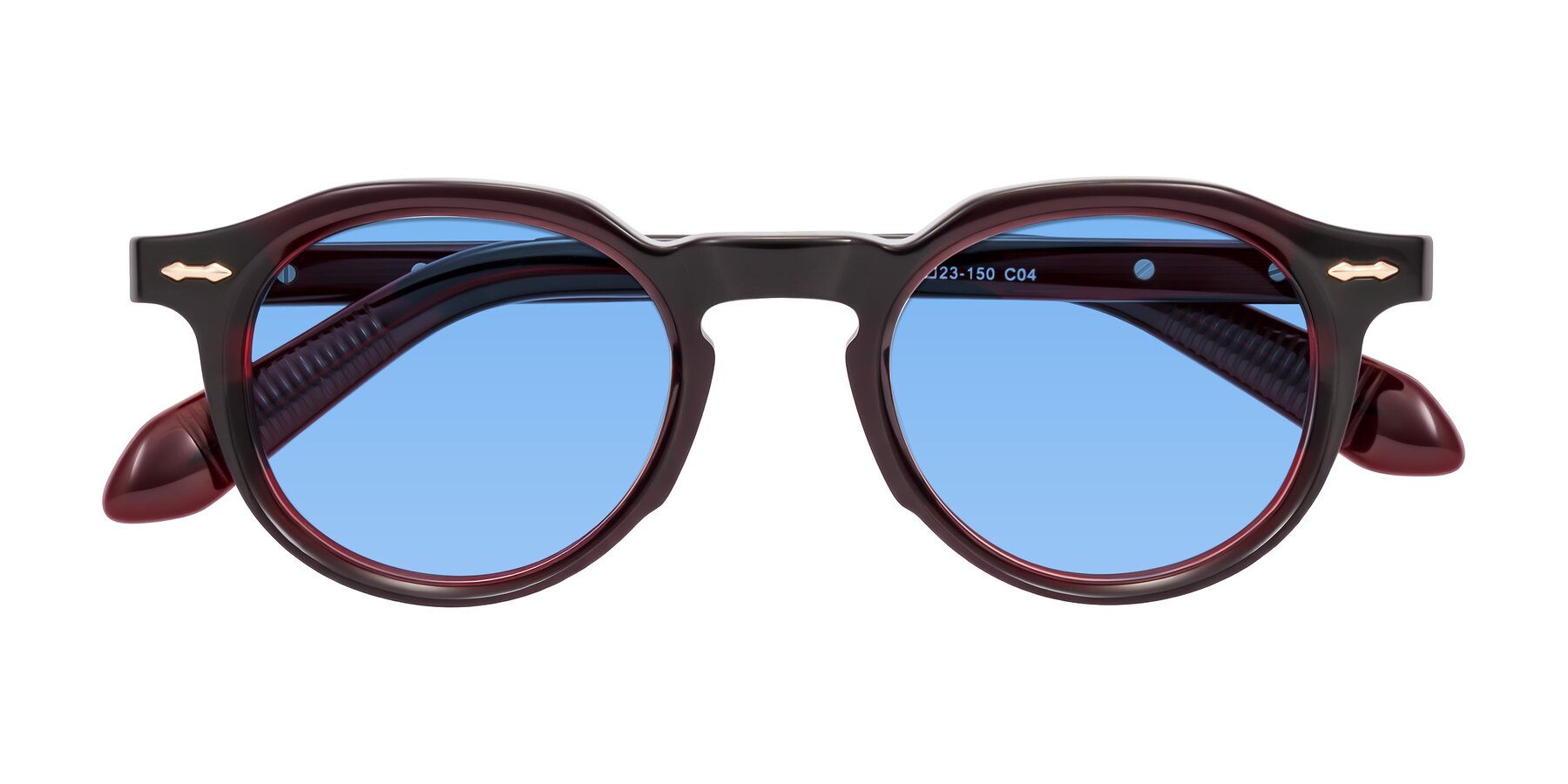Folded Front of Lachard in Dark Cherry with Medium Blue Tinted Lenses