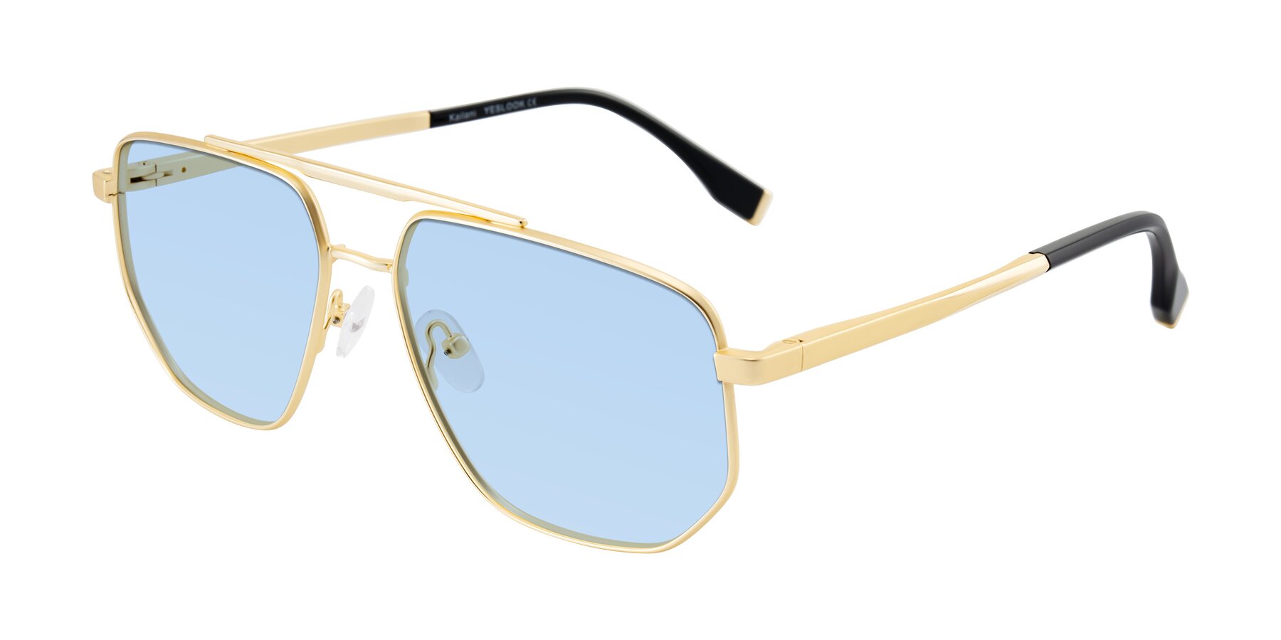 Angle of Kailani in Gold/Matte Gold with Light Blue Tinted Lenses