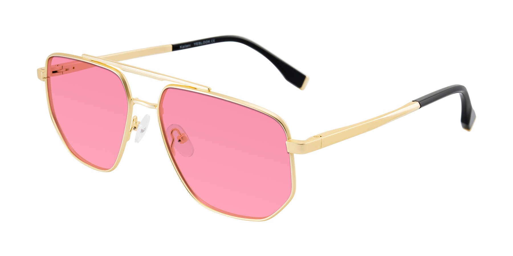 Angle of Kailani in Gold/Matte Gold with Pink Tinted Lenses