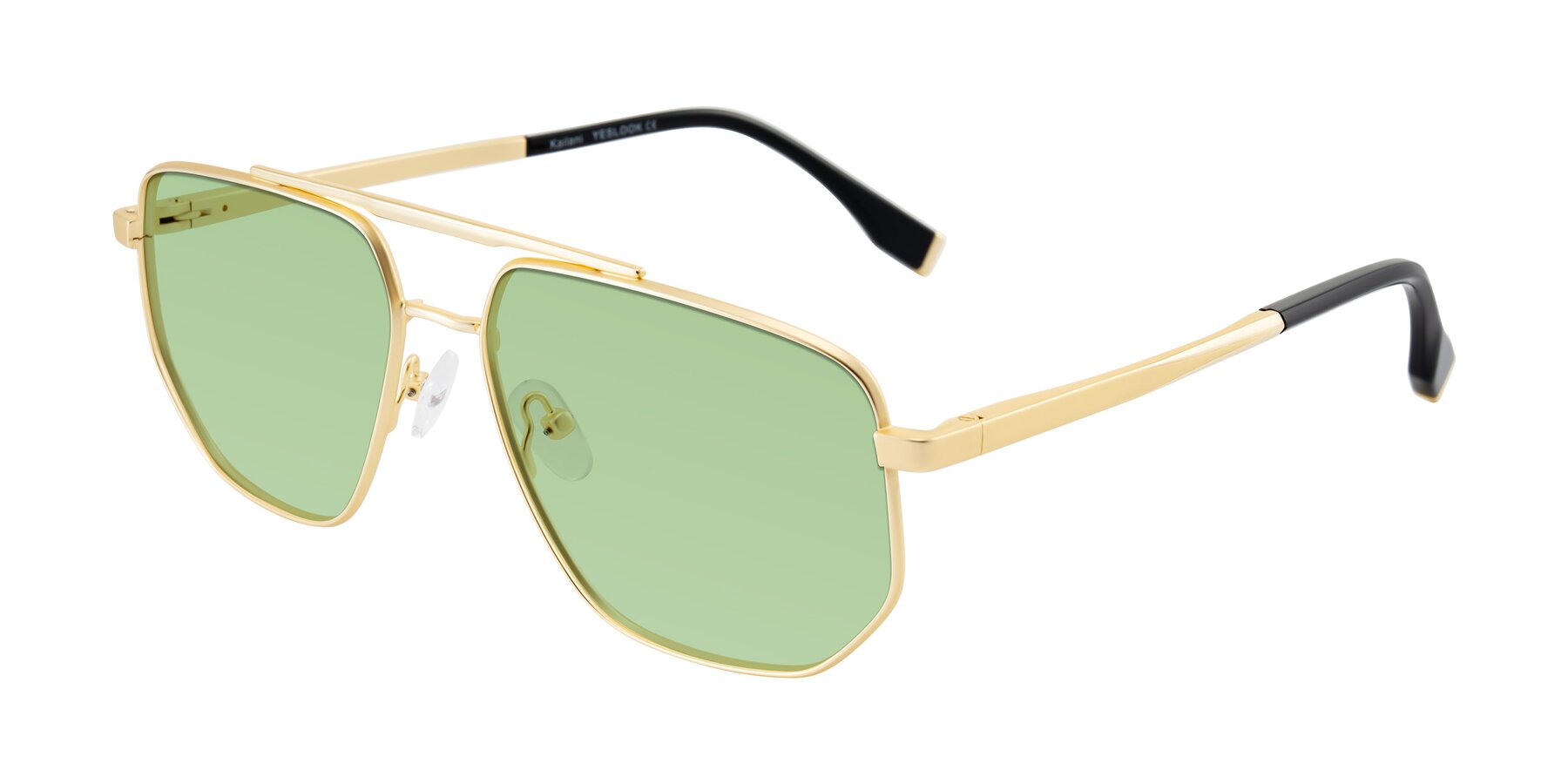 Angle of Kailani in Gold/Matte Gold with Medium Green Tinted Lenses