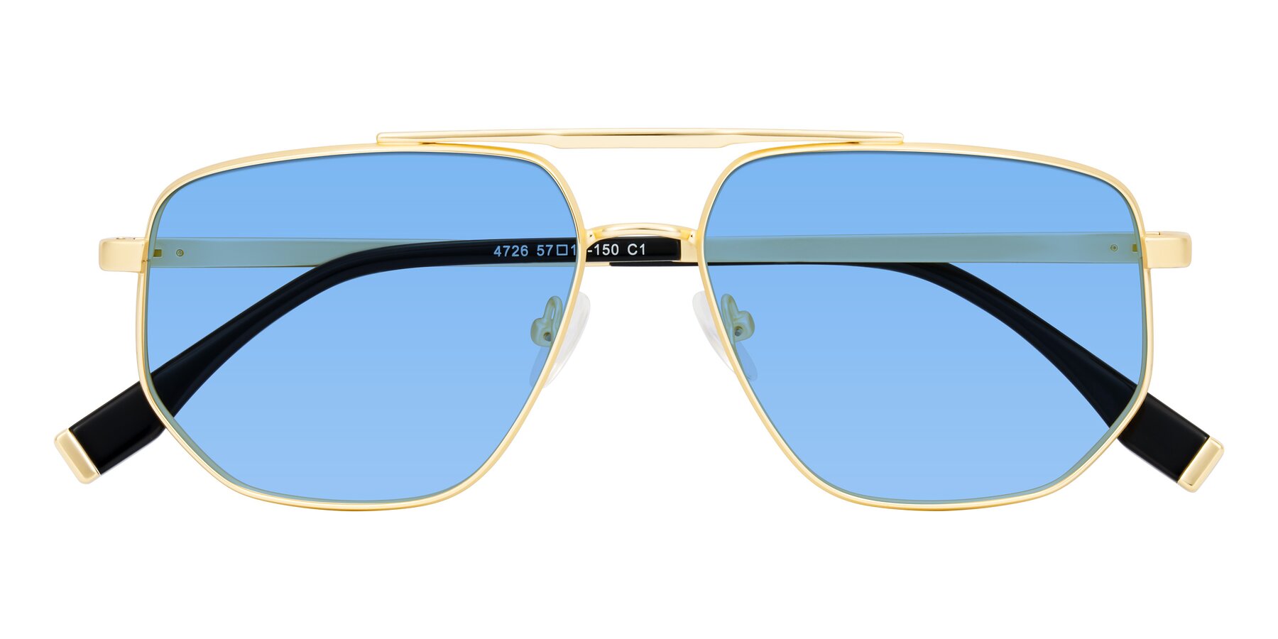 Folded Front of Kailani in Gold/Matte Gold with Medium Blue Tinted Lenses