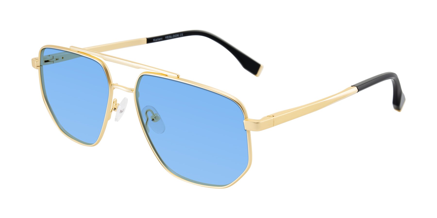 Angle of Kailani in Gold/Matte Gold with Medium Blue Tinted Lenses