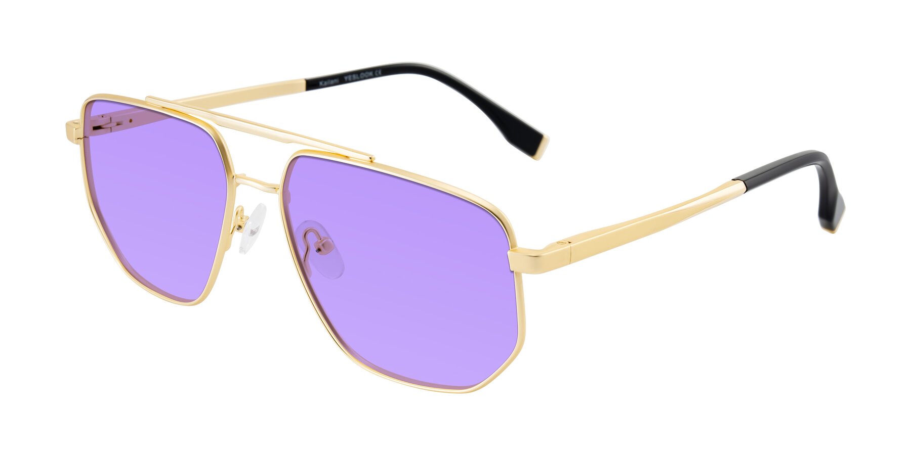 Angle of Kailani in Gold/Matte Gold with Medium Purple Tinted Lenses