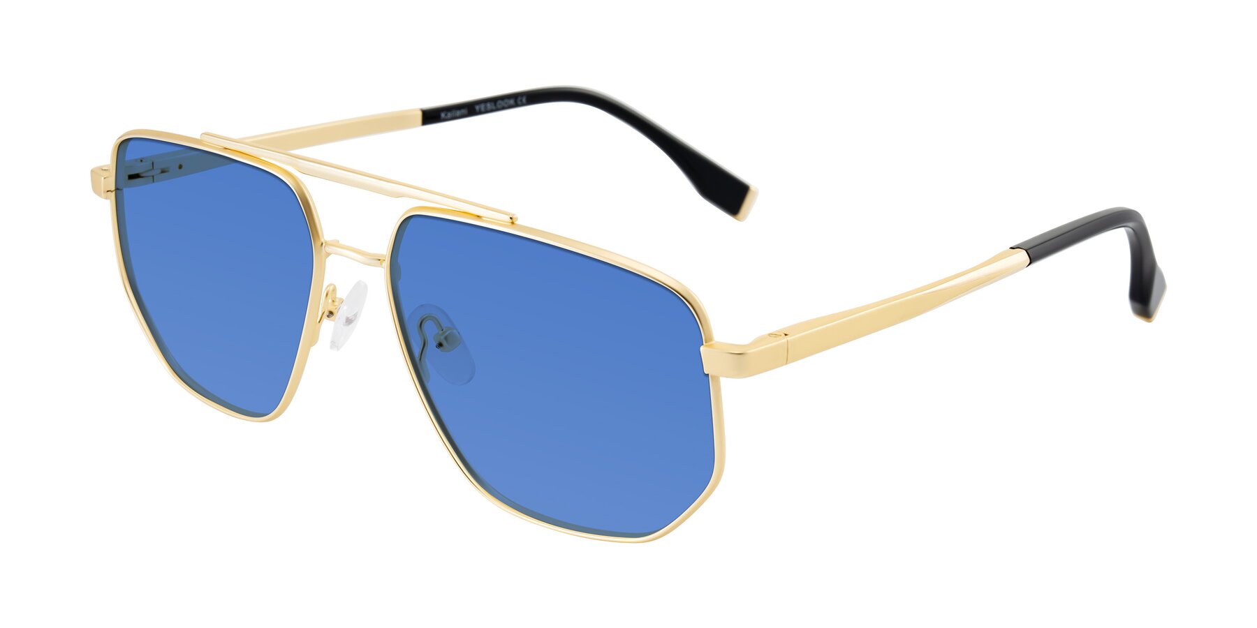 Angle of Kailani in Gold/Matte Gold with Blue Tinted Lenses