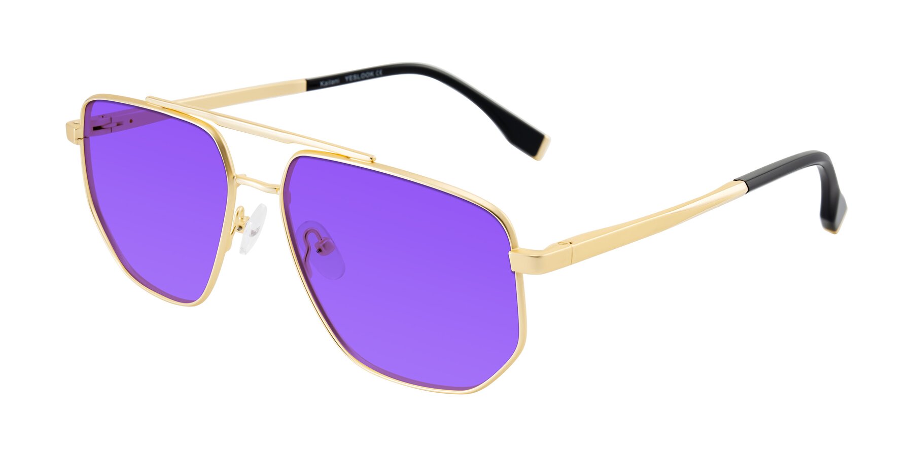 Angle of Kailani in Gold/Matte Gold with Purple Tinted Lenses