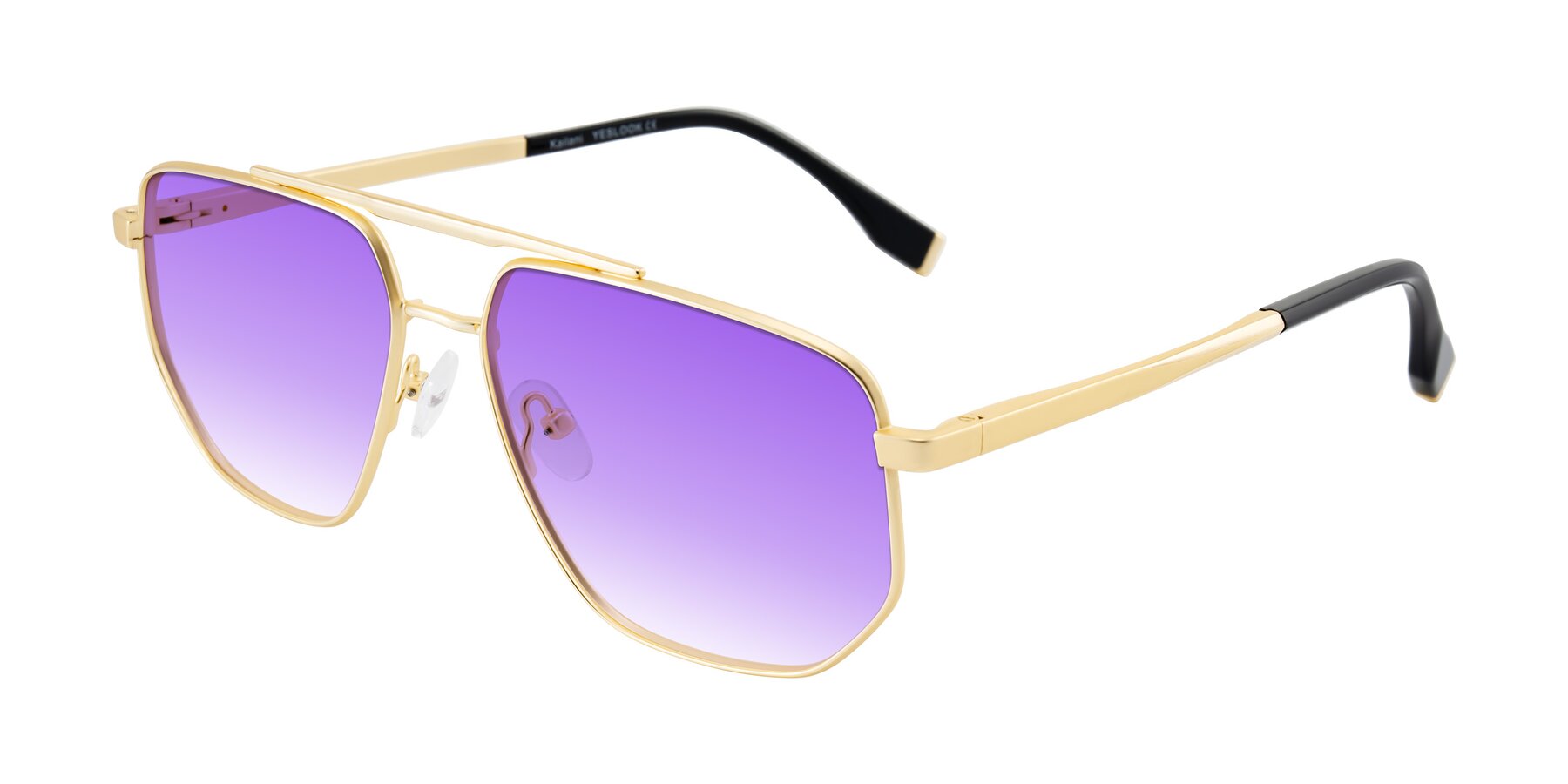 Angle of Kailani in Gold/Matte Gold with Purple Gradient Lenses