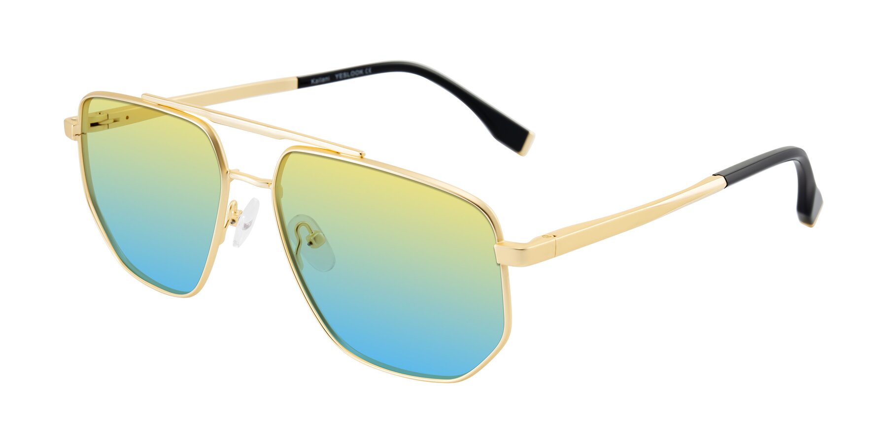 Angle of Kailani in Gold/Matte Gold with Yellow / Blue Gradient Lenses