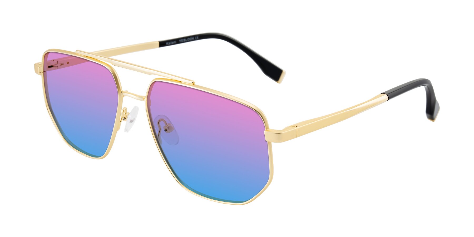 Angle of Kailani in Gold/Matte Gold with Pink / Blue Gradient Lenses