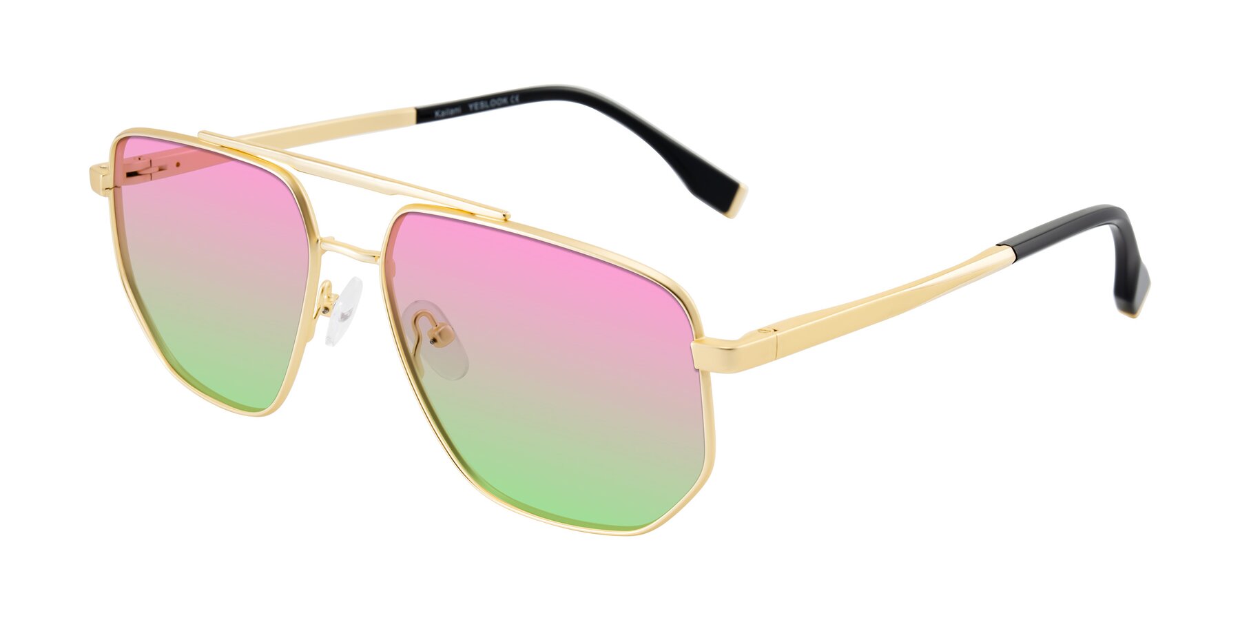 Angle of Kailani in Gold/Matte Gold with Pink / Green Gradient Lenses