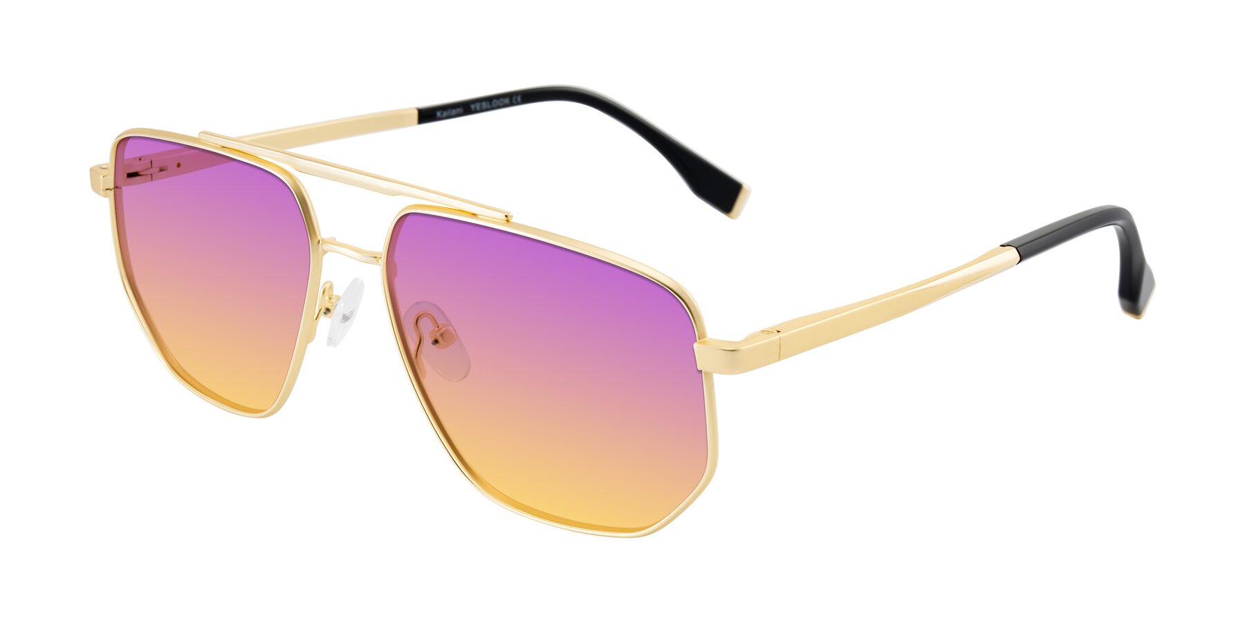 Angle of Kailani in Gold/Matte Gold with Purple / Yellow Gradient Lenses