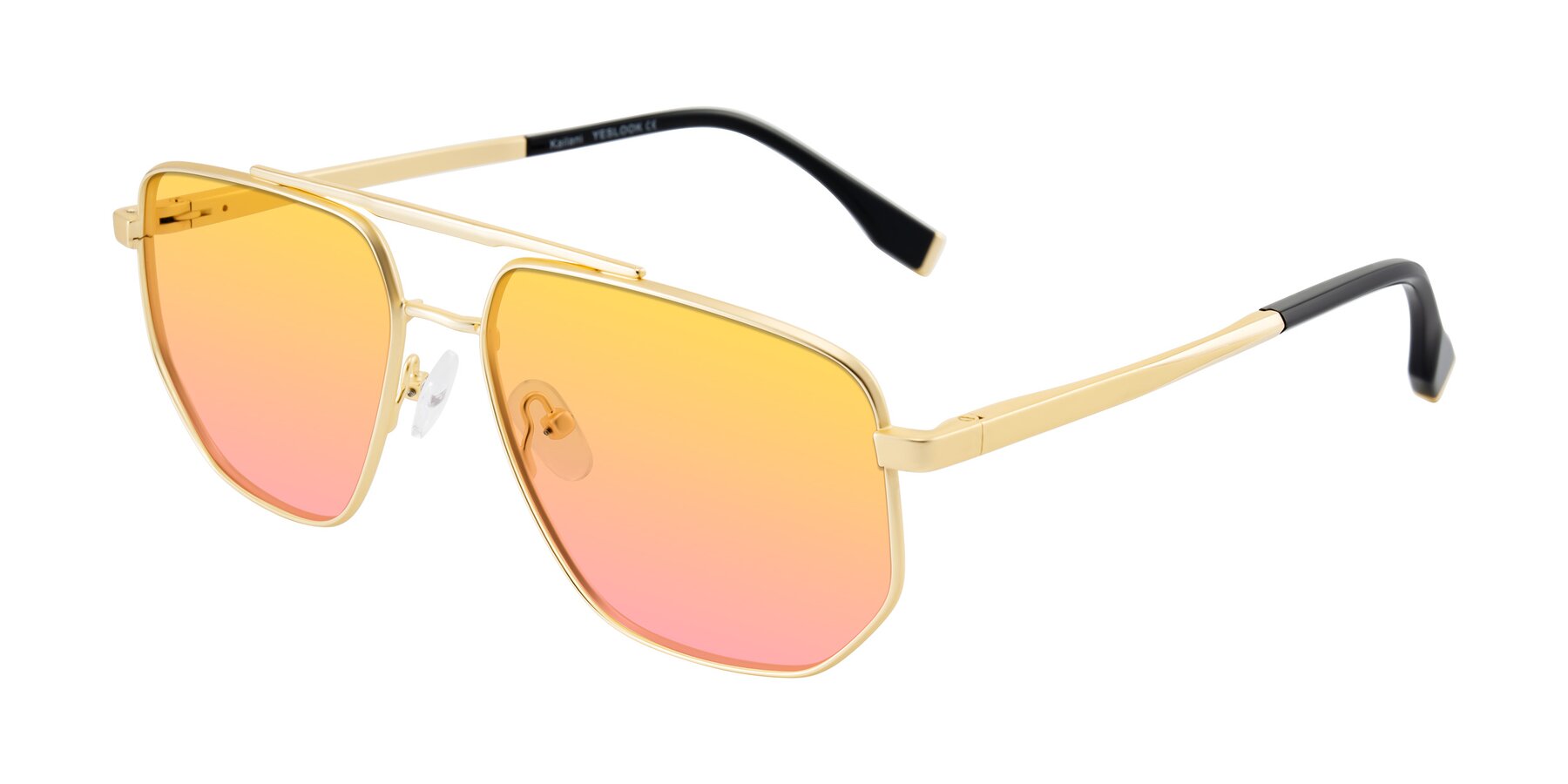 Angle of Kailani in Gold/Matte Gold with Yellow / Pink Gradient Lenses