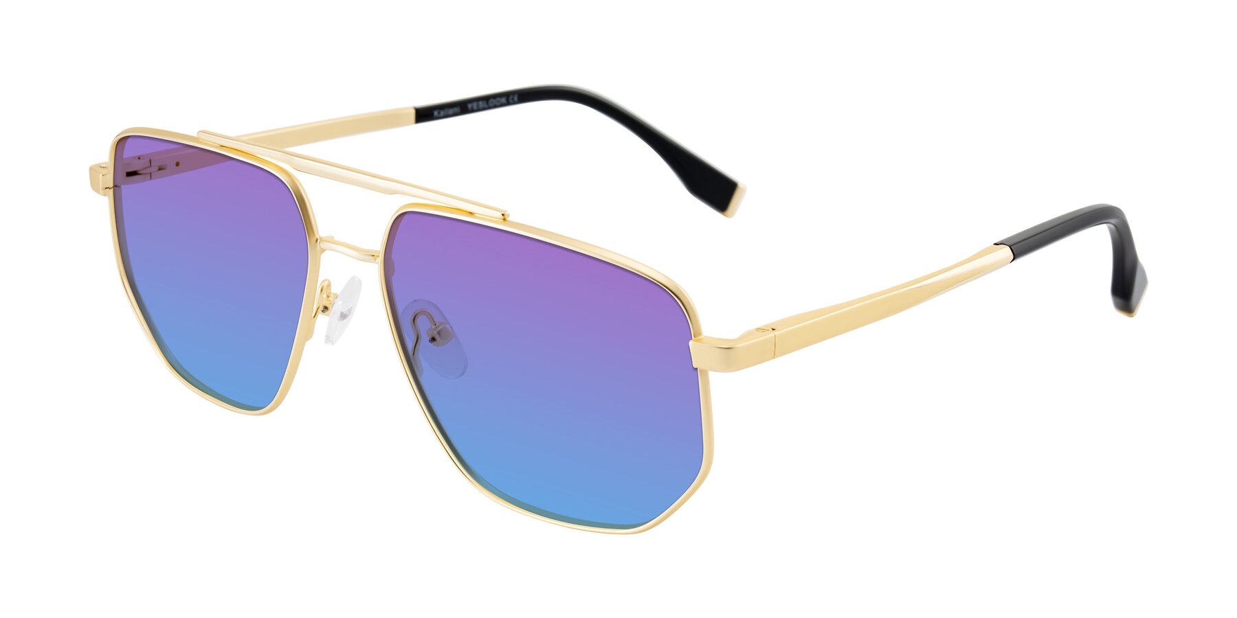 Angle of Kailani in Gold/Matte Gold with Purple / Blue Gradient Lenses