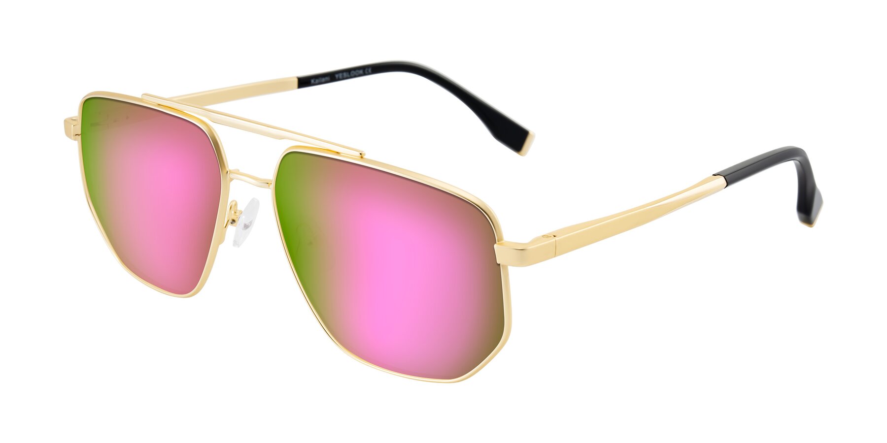 Angle of Kailani in Gold/Matte Gold with Pink Mirrored Lenses