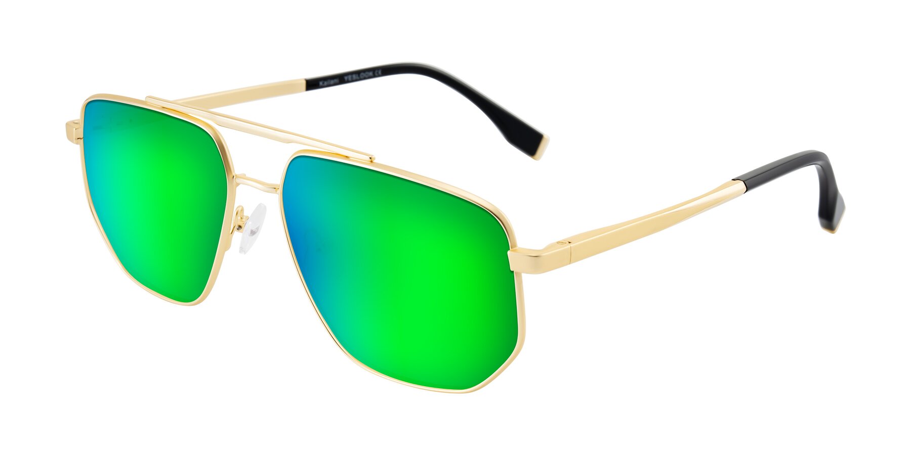 Angle of Kailani in Gold/Matte Gold with Green Mirrored Lenses