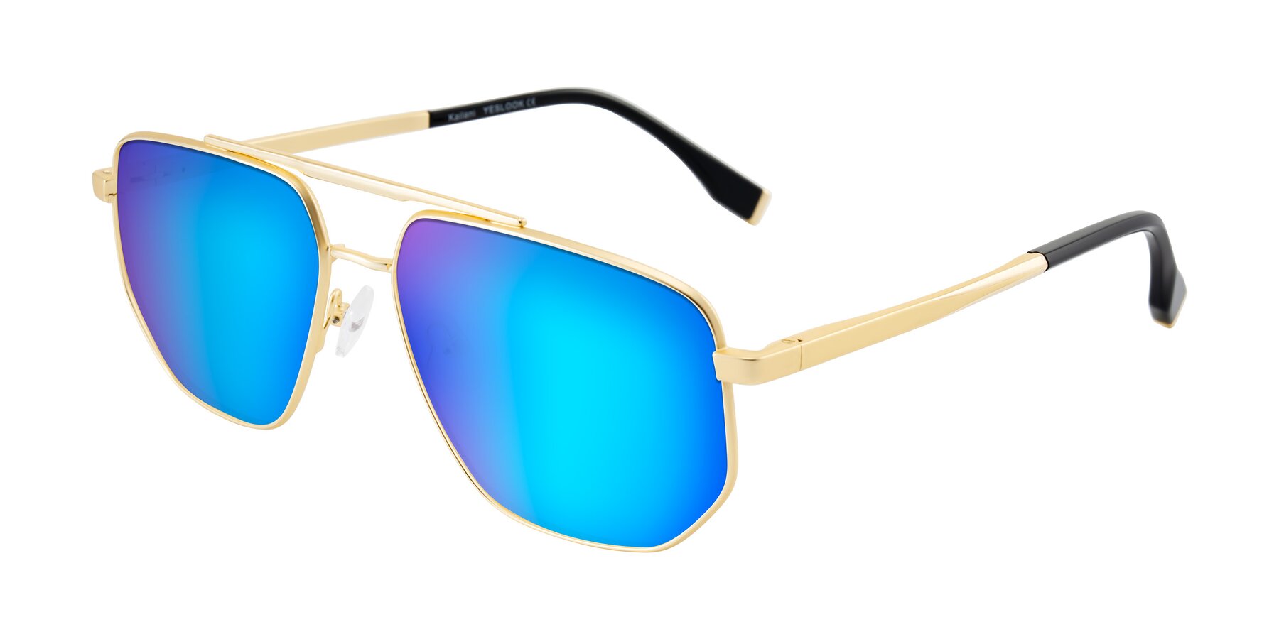 Angle of Kailani in Gold/Matte Gold with Blue Mirrored Lenses