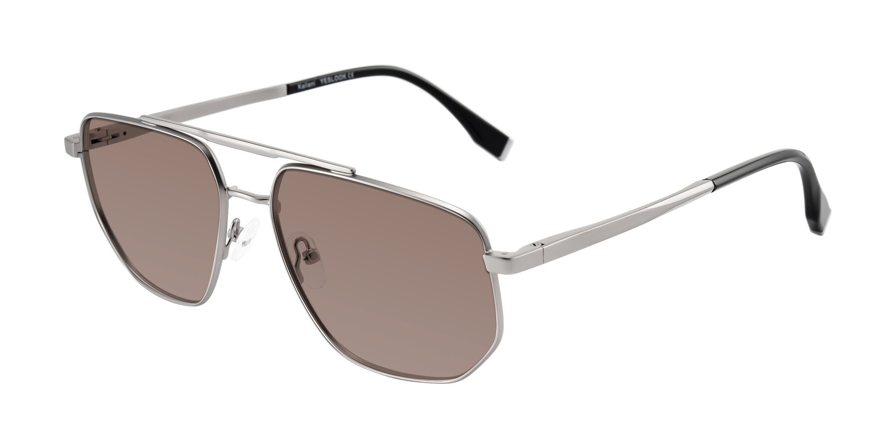 Angle of Kailani in Silver/Matte Silver with Medium Brown Tinted Lenses