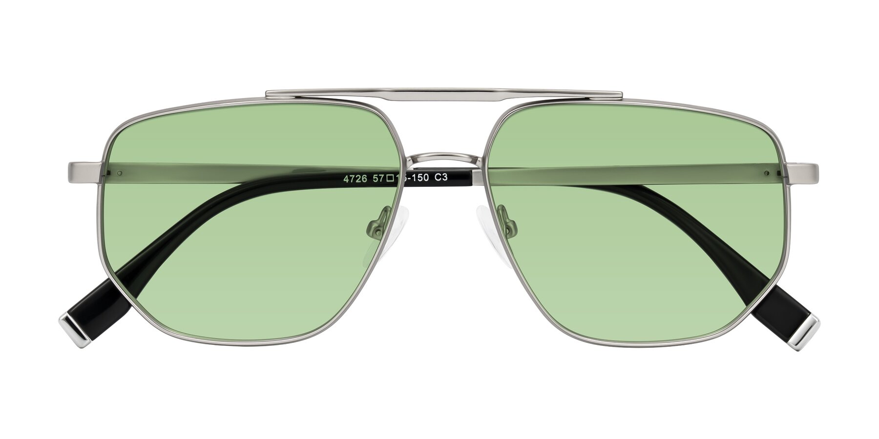 Folded Front of Kailani in Silver/Matte Silver with Medium Green Tinted Lenses