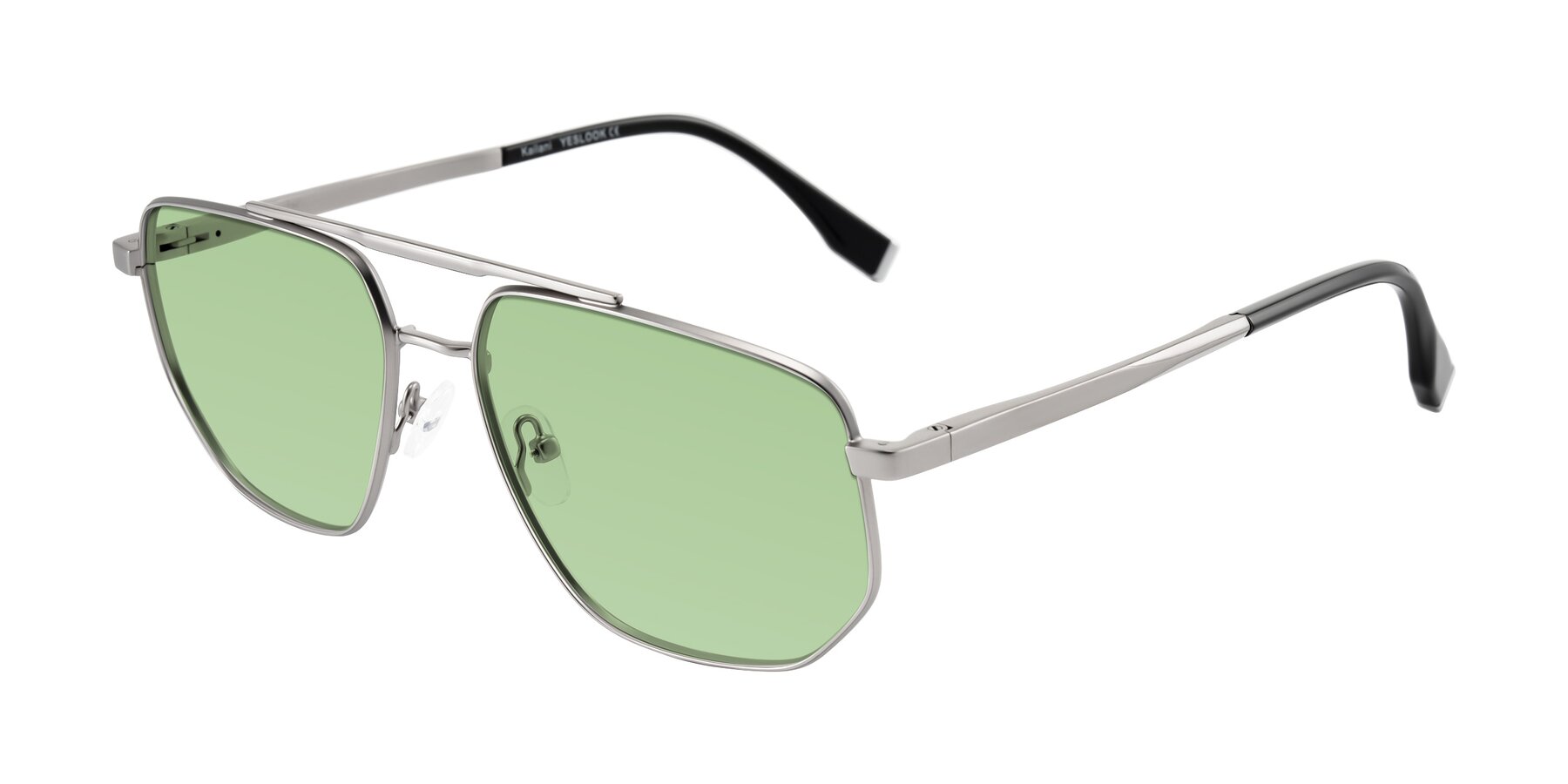 Angle of Kailani in Silver/Matte Silver with Medium Green Tinted Lenses