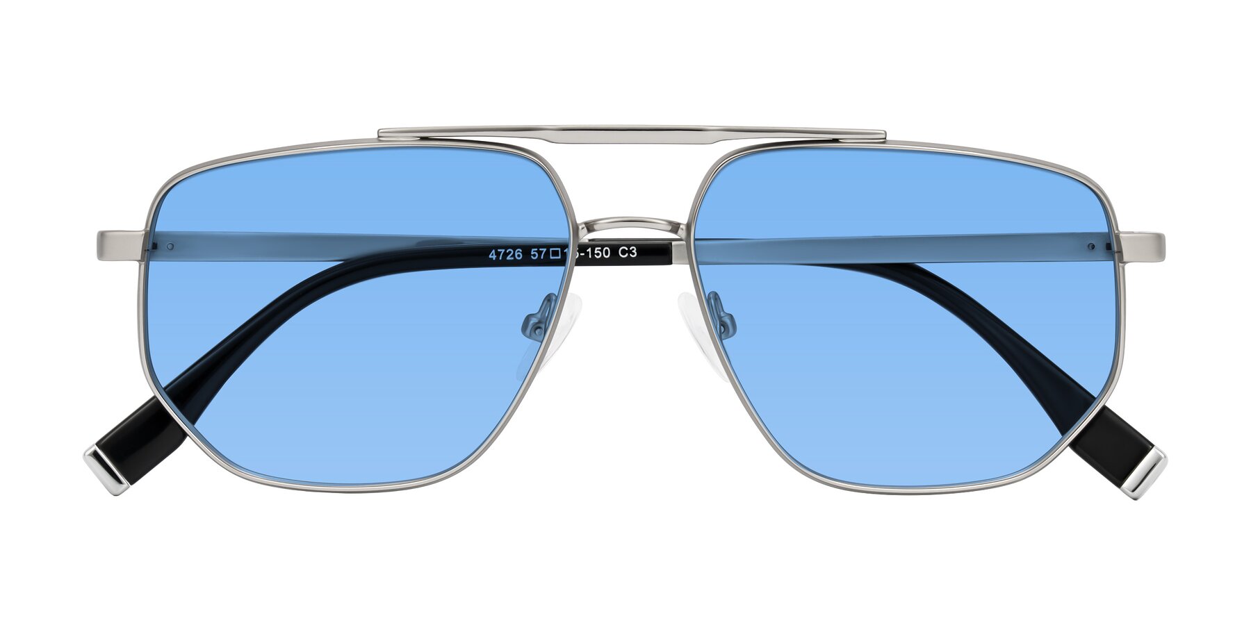 Folded Front of Kailani in Silver/Matte Silver with Medium Blue Tinted Lenses