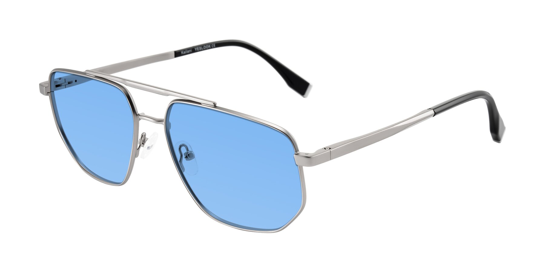 Angle of Kailani in Silver/Matte Silver with Medium Blue Tinted Lenses