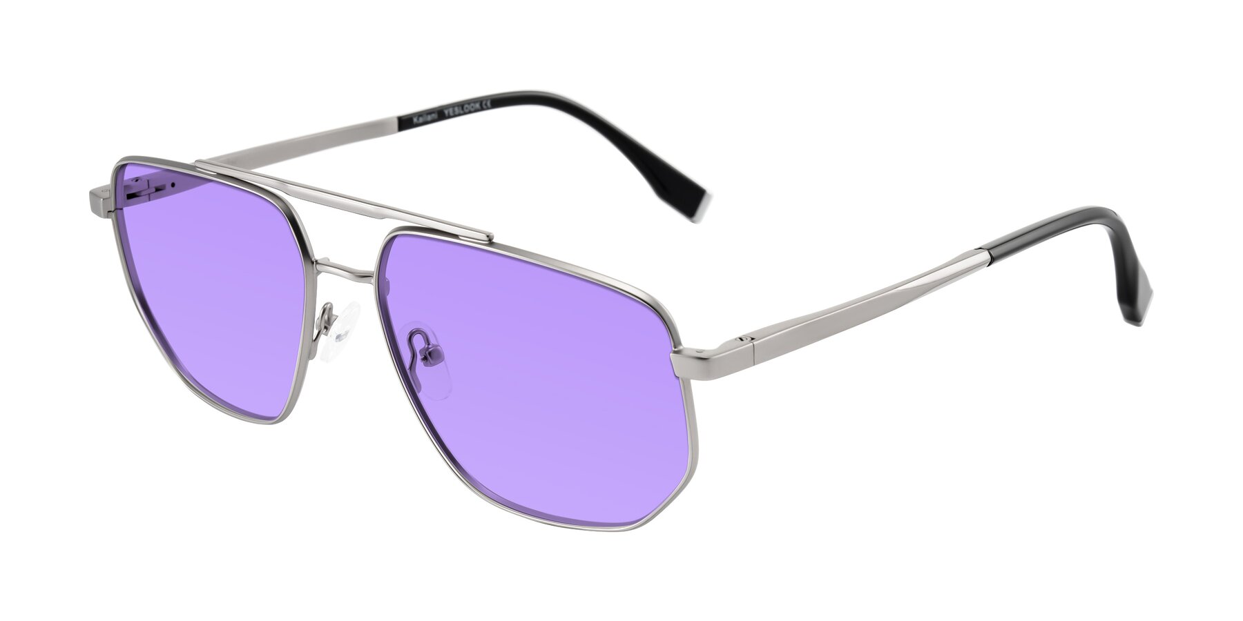 Angle of Kailani in Silver/Matte Silver with Medium Purple Tinted Lenses