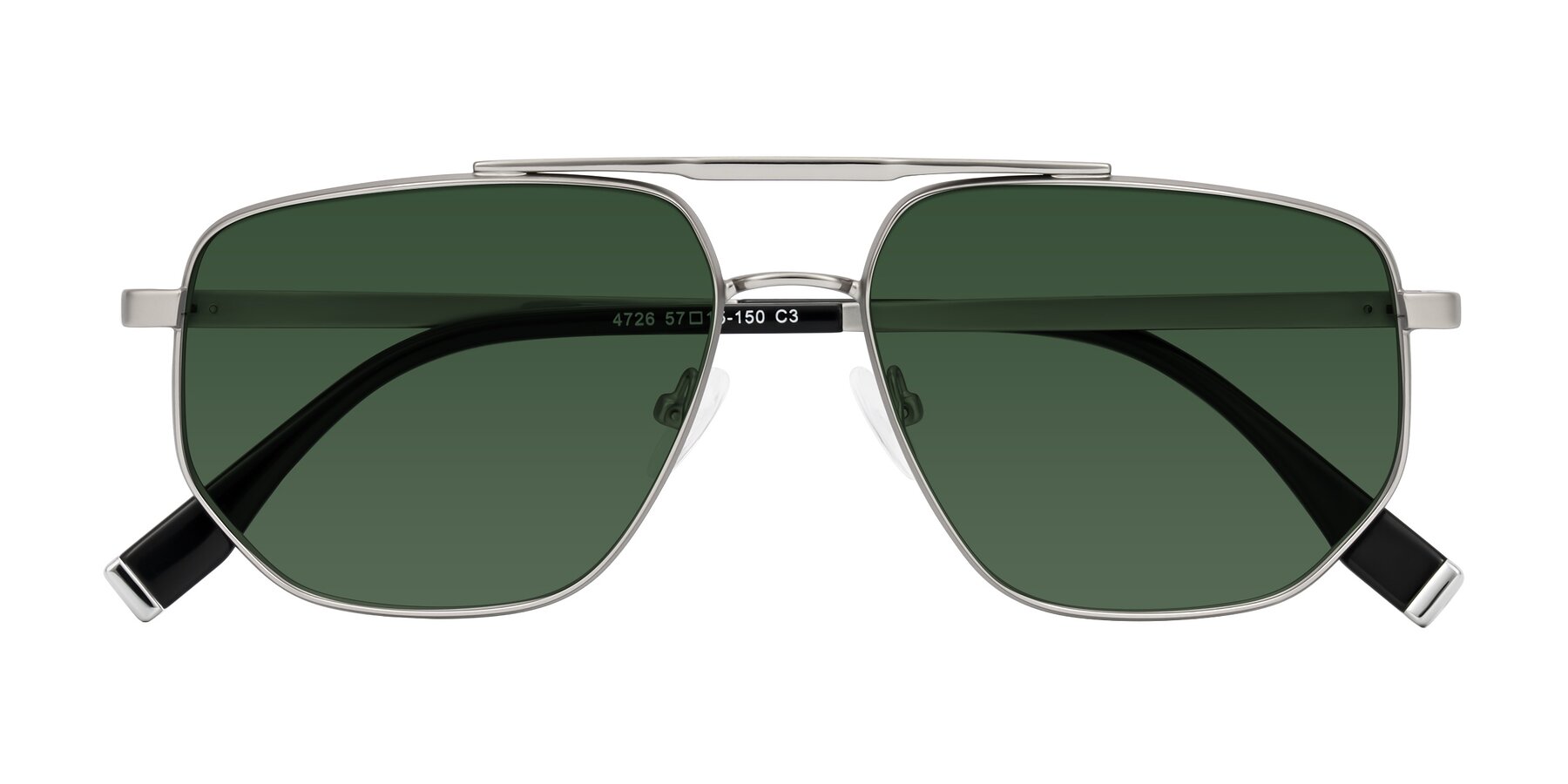 Folded Front of Kailani in Silver/Matte Silver with Green Tinted Lenses