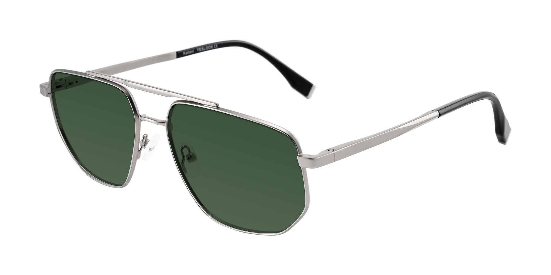 Angle of Kailani in Silver/Matte Silver with Green Tinted Lenses