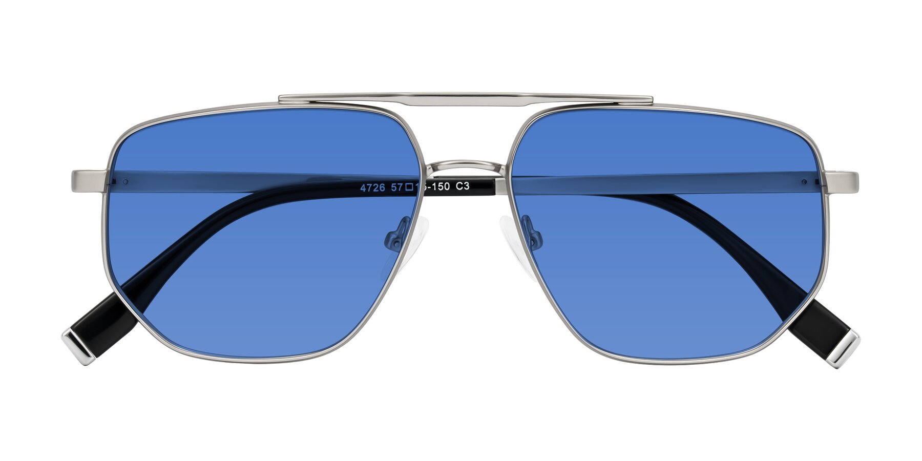 Folded Front of Kailani in Silver/Matte Silver with Blue Tinted Lenses
