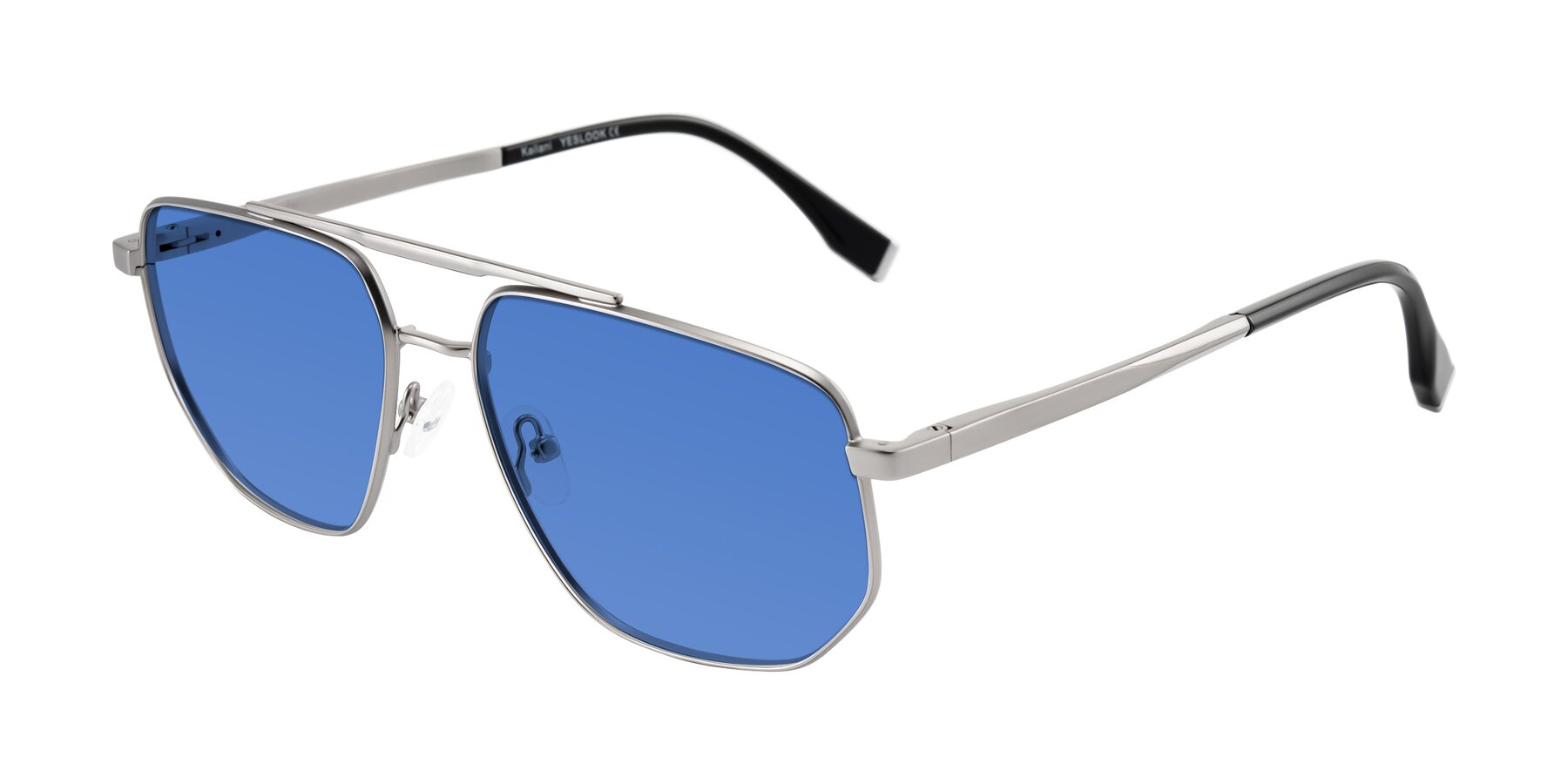 Angle of Kailani in Silver/Matte Silver with Blue Tinted Lenses