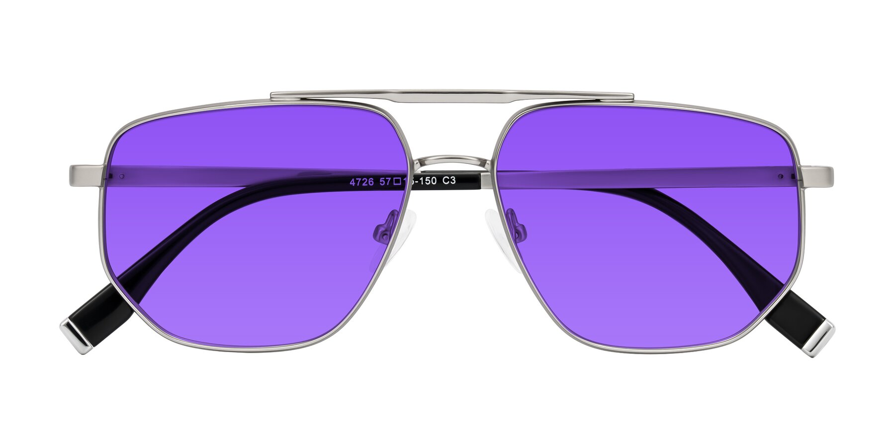 Folded Front of Kailani in Silver/Matte Silver with Purple Tinted Lenses