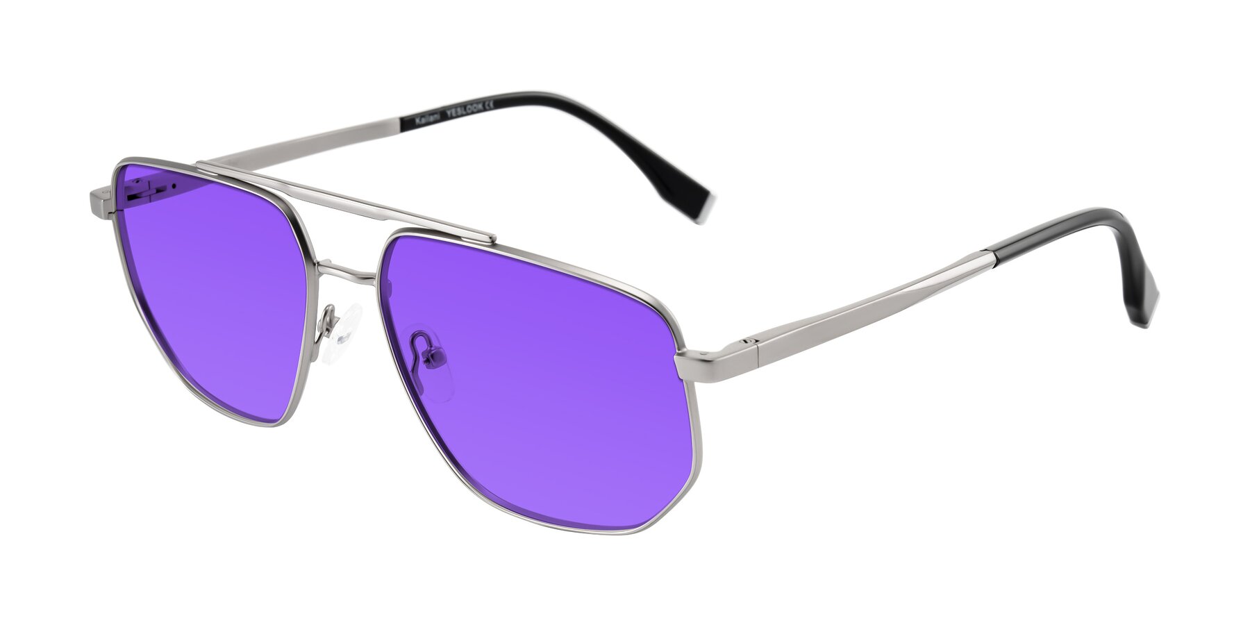 Angle of Kailani in Silver/Matte Silver with Purple Tinted Lenses
