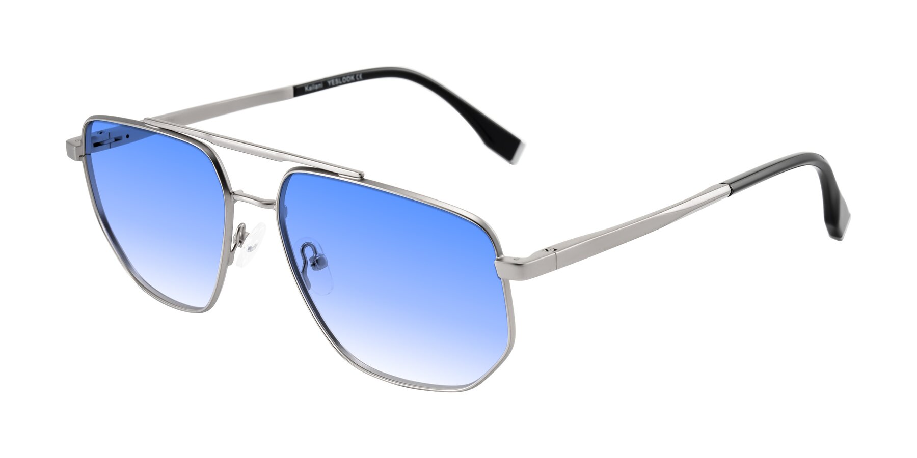 Angle of Kailani in Silver/Matte Silver with Blue Gradient Lenses