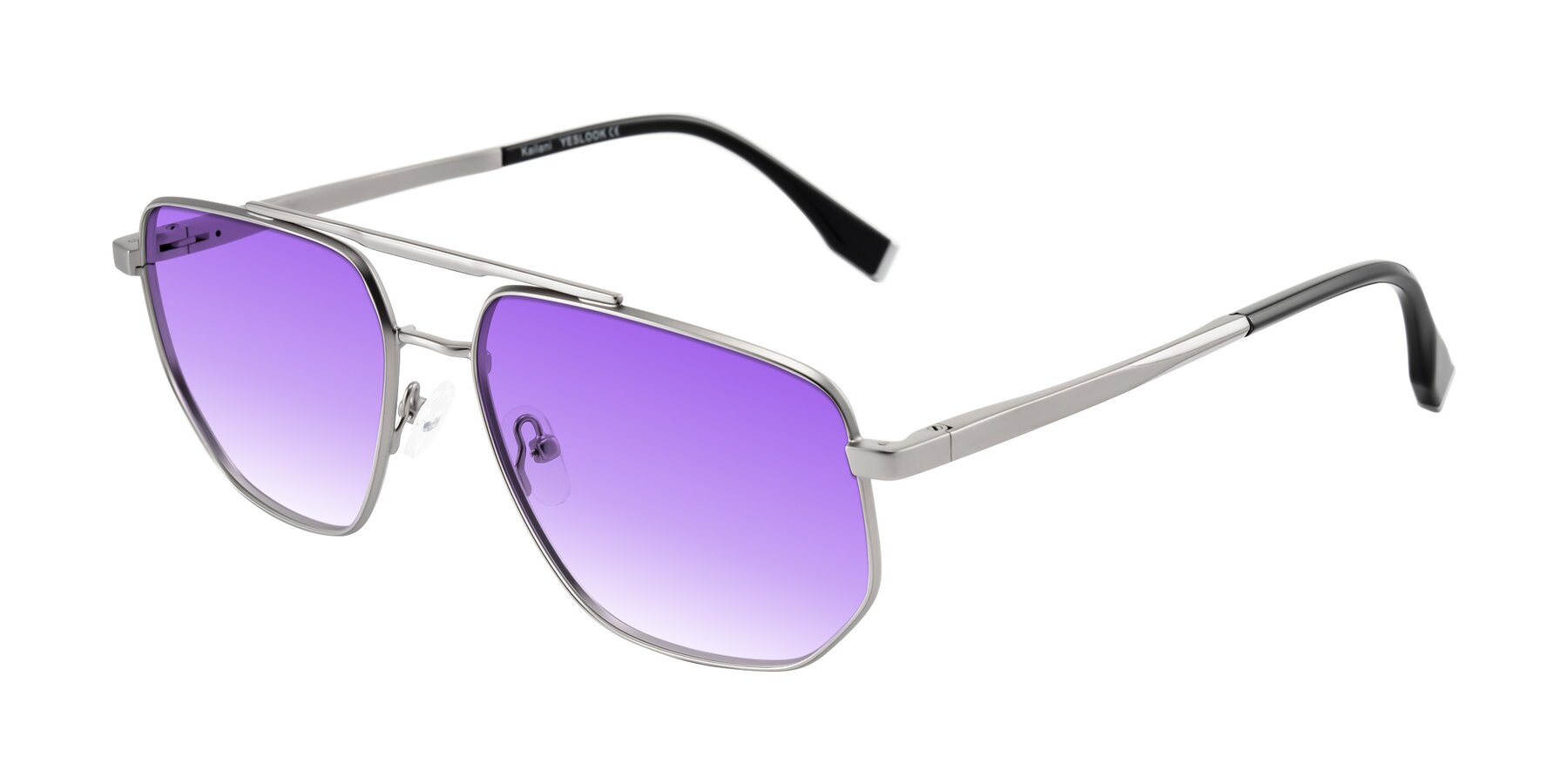 Angle of Kailani in Silver/Matte Silver with Purple Gradient Lenses