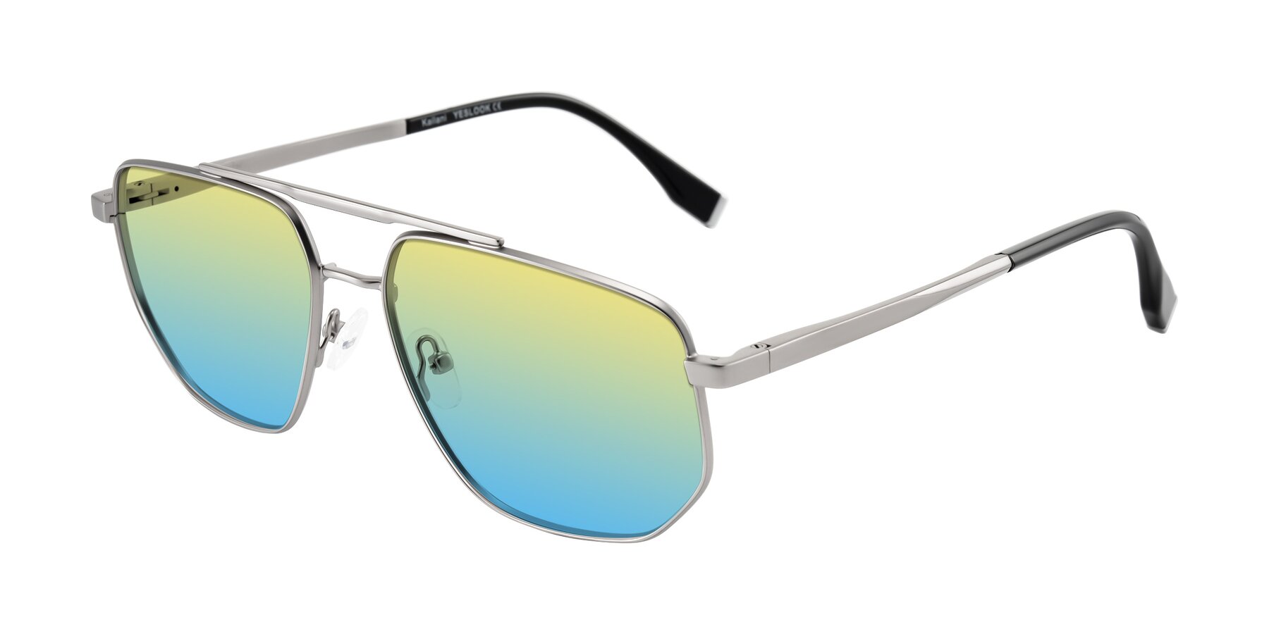 Angle of Kailani in Silver/Matte Silver with Yellow / Blue Gradient Lenses