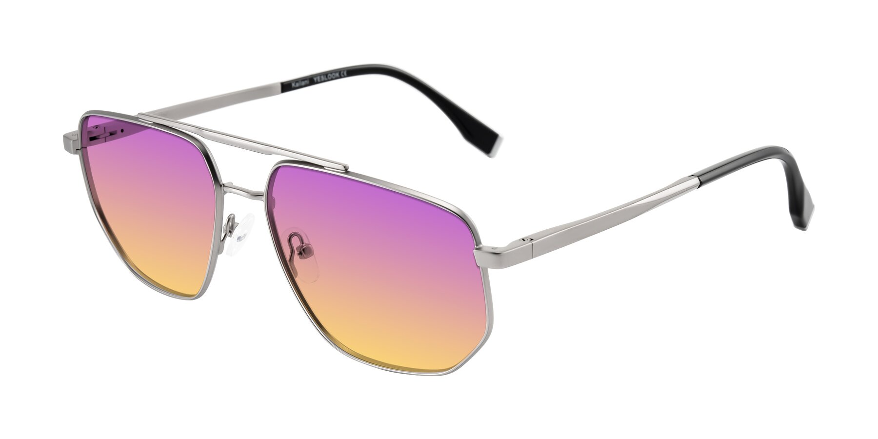 Angle of Kailani in Silver/Matte Silver with Purple / Yellow Gradient Lenses