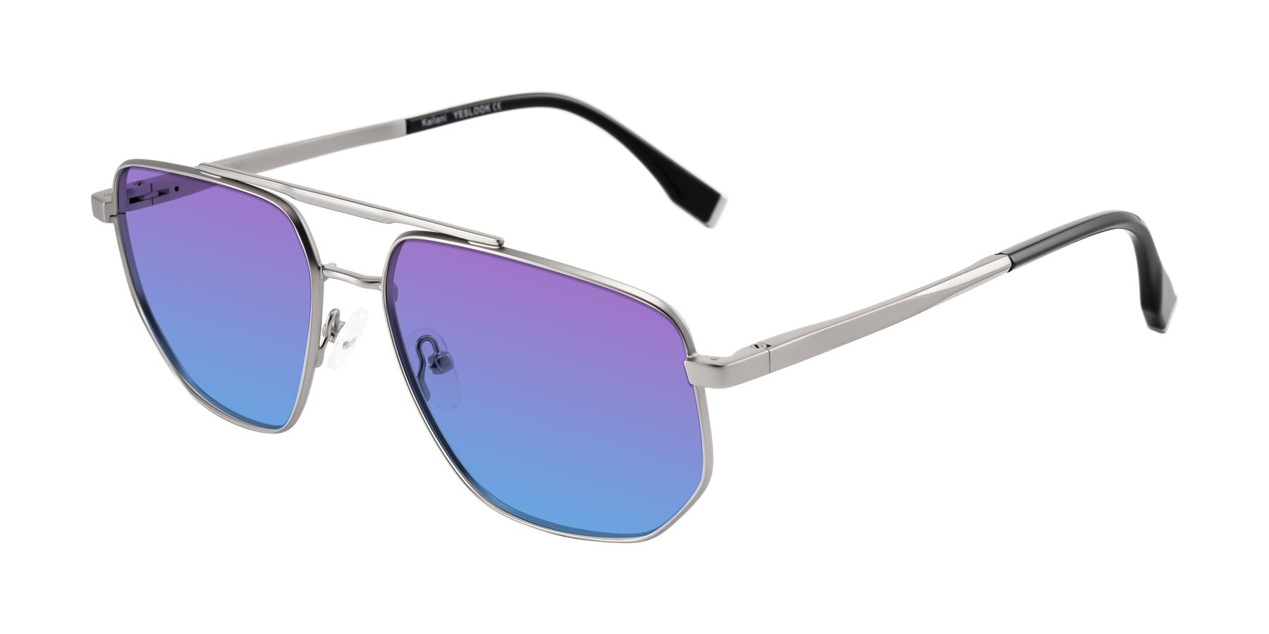 Angle of Kailani in Silver/Matte Silver with Purple / Blue Gradient Lenses